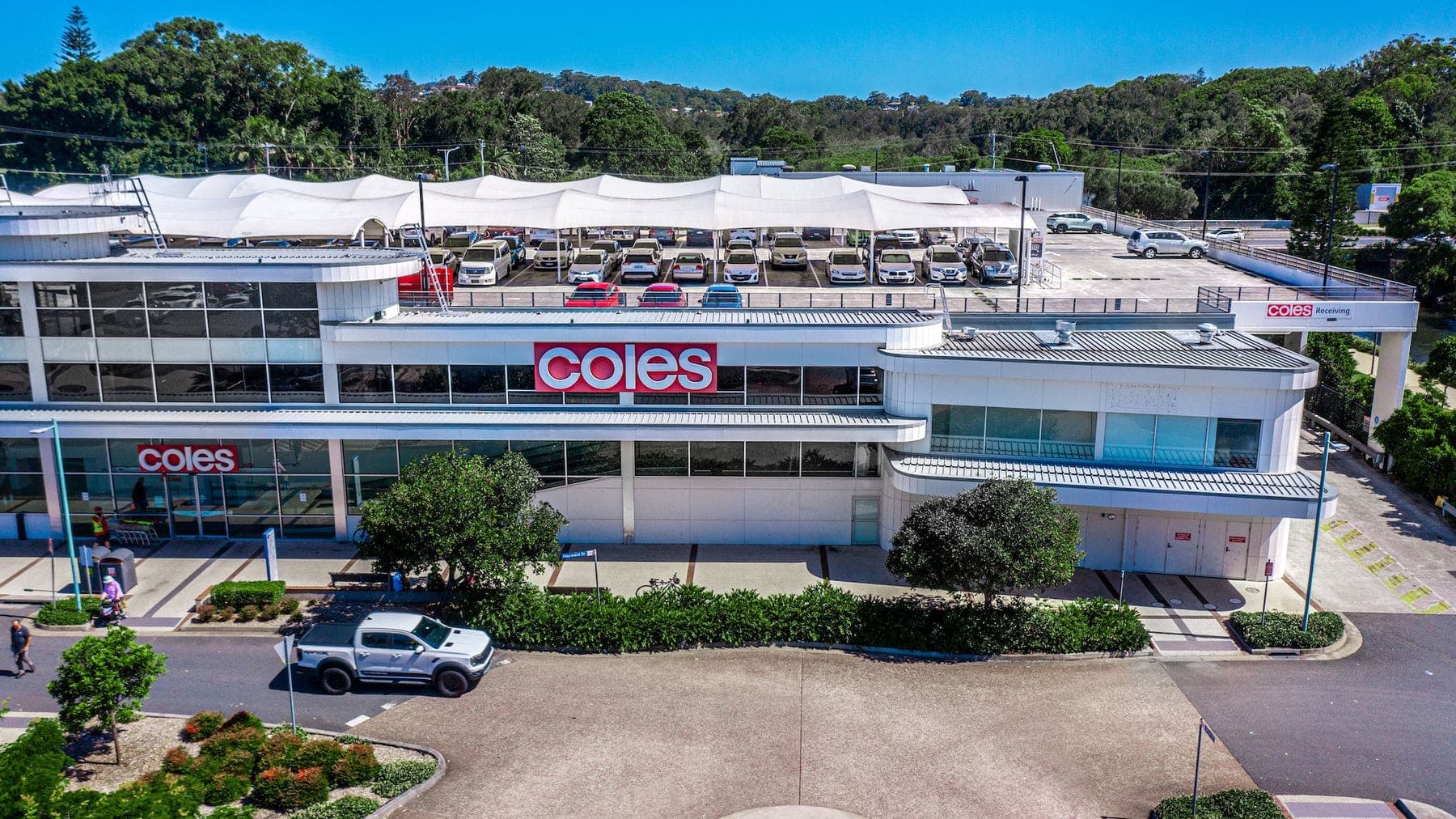 Aerial of a Coles shopping centre and car park