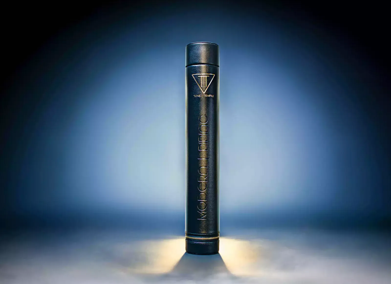 Slim black case lit from below against a blue glow