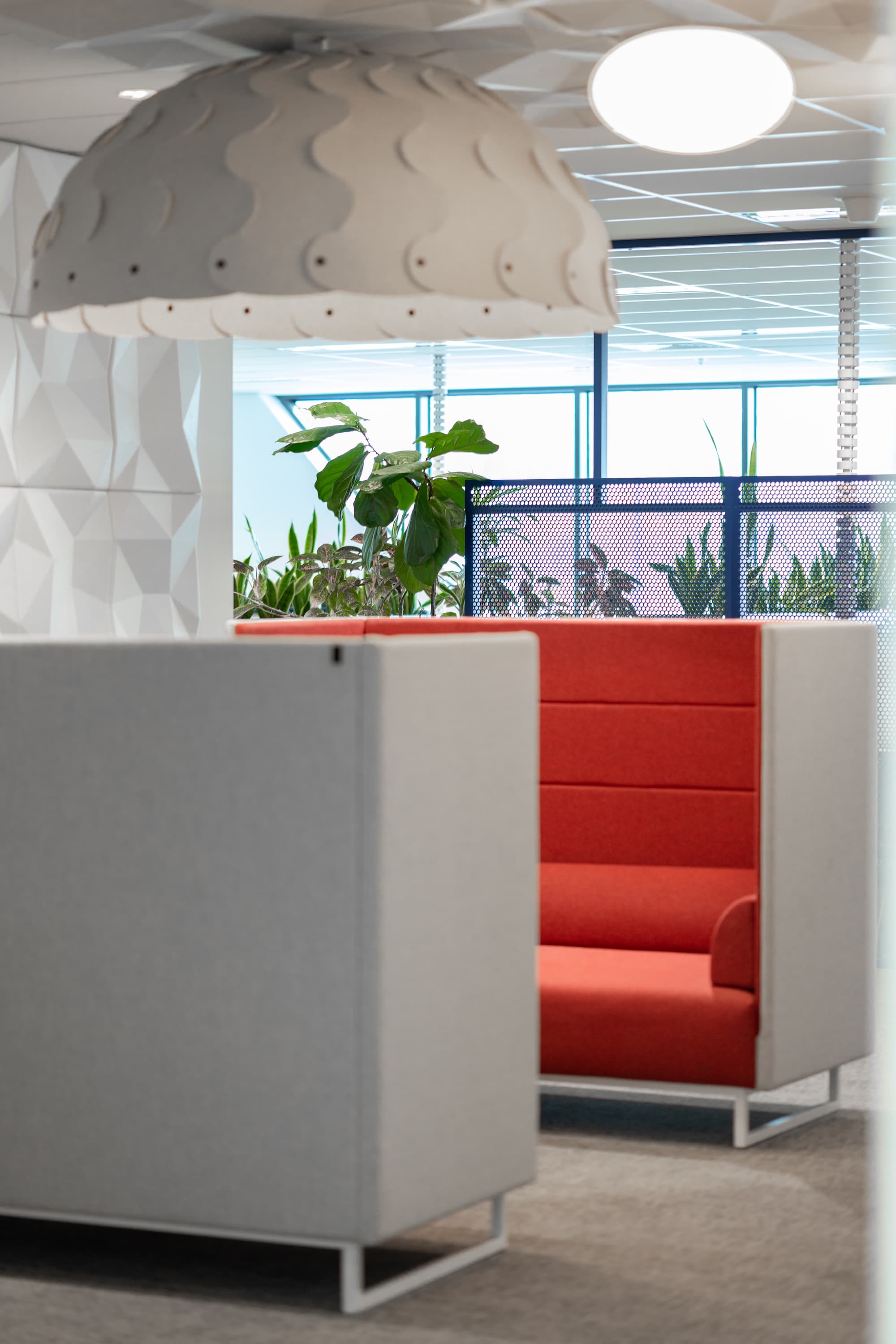 Office fit-out with red booth seating, felt pendant and planters